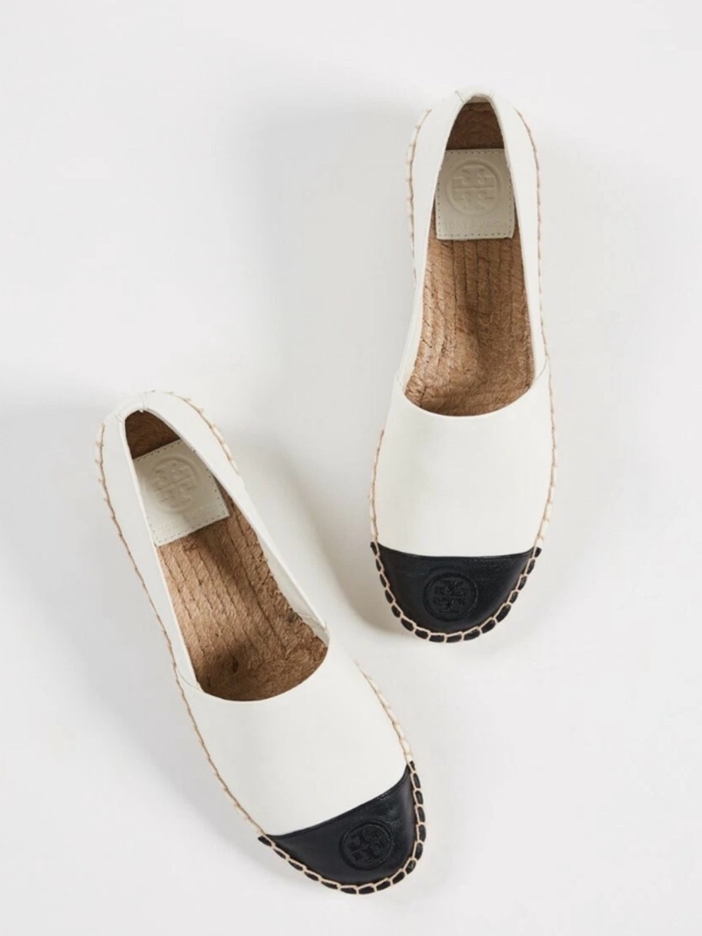 Tory Burch Cream Leather Espadrilles with Black Cap Toe Logo